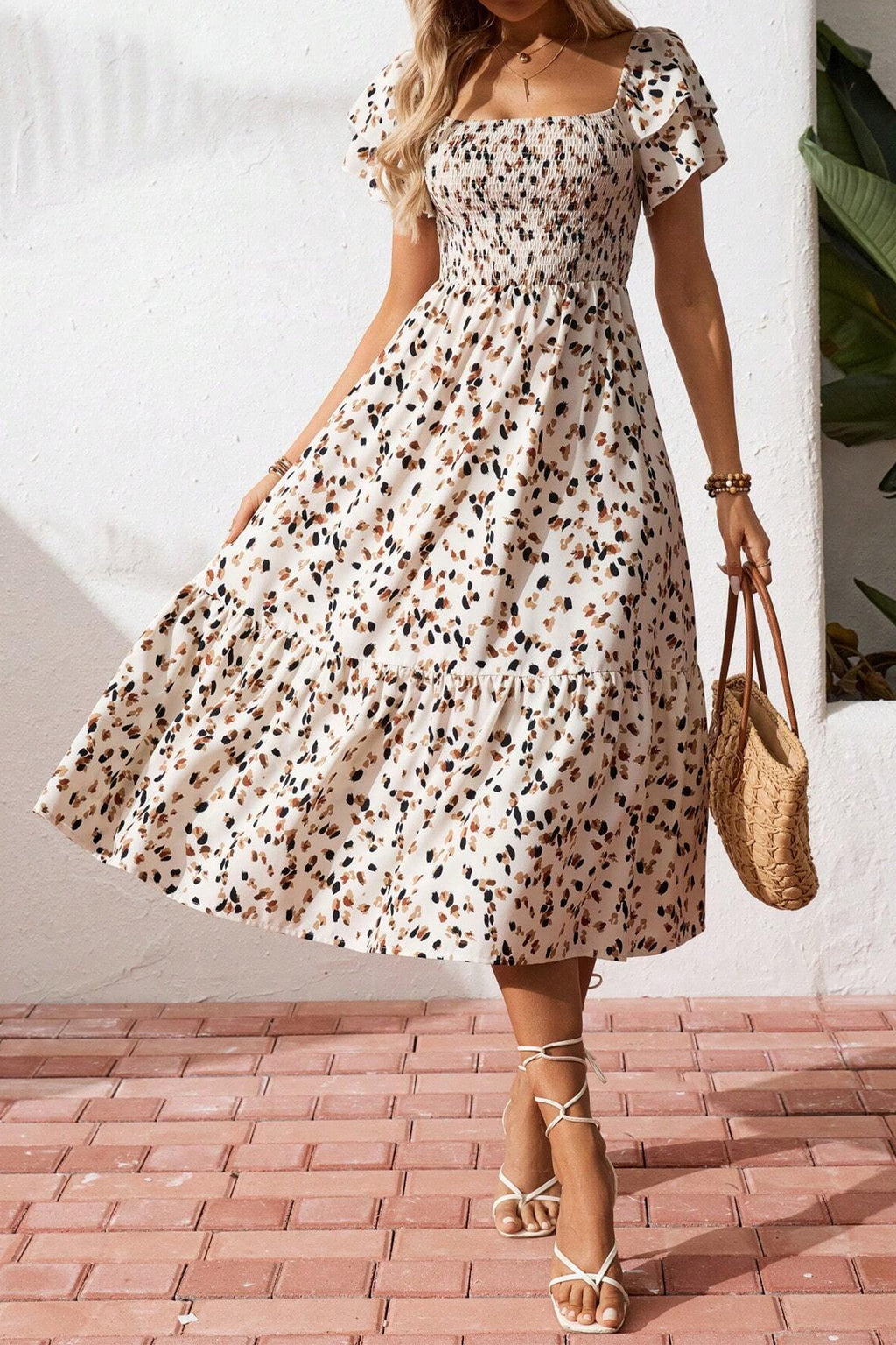 Vanilla Dalmatian Print Shirred Midi Dress