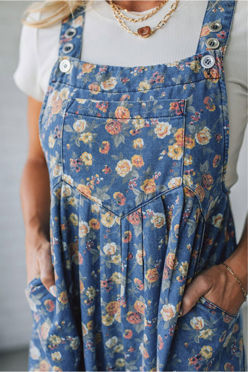 Dusty Blue Floral Wide Leg Overall Jumpsuit