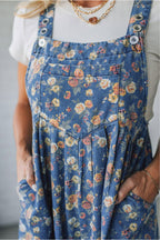 Dusty Blue Floral Wide Leg Overall Jumpsuit