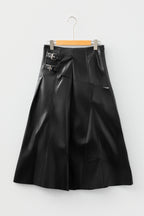 Black Double-Buckle Pleated Faux Leather Midi Skirt