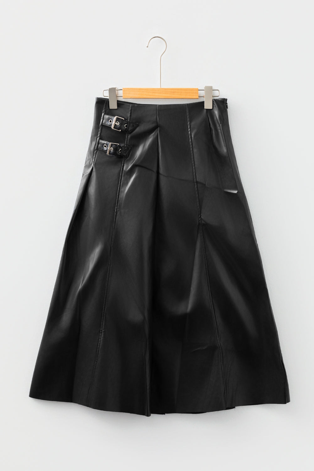 Black Double-Buckle Pleated Faux Leather Midi Skirt