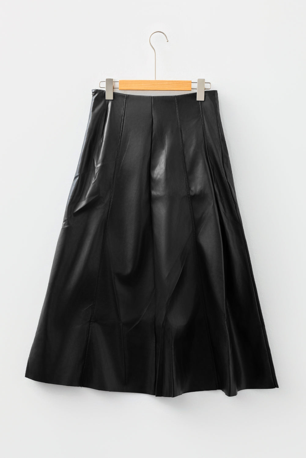 Black Double-Buckle Pleated Faux Leather Midi Skirt