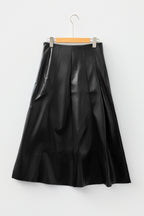 Black Double-Buckle Pleated Faux Leather Midi Skirt