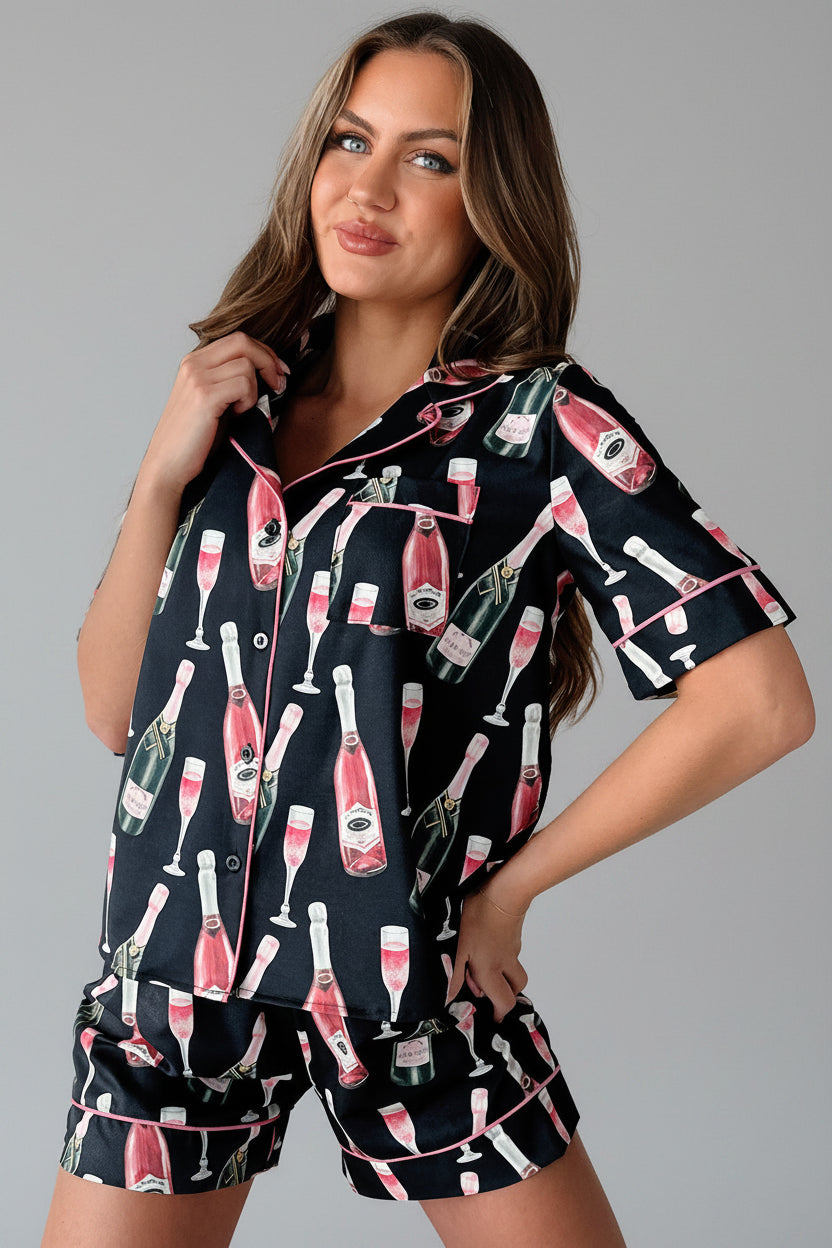 Black Champagne Print Short Pyjama Set