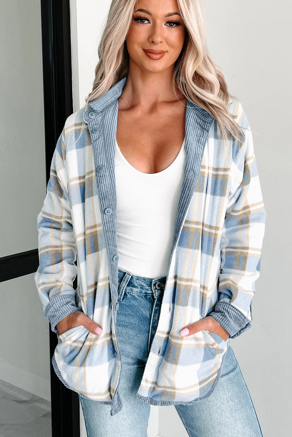 Dusty Blue Reversible Corduroy Plaid Shacket