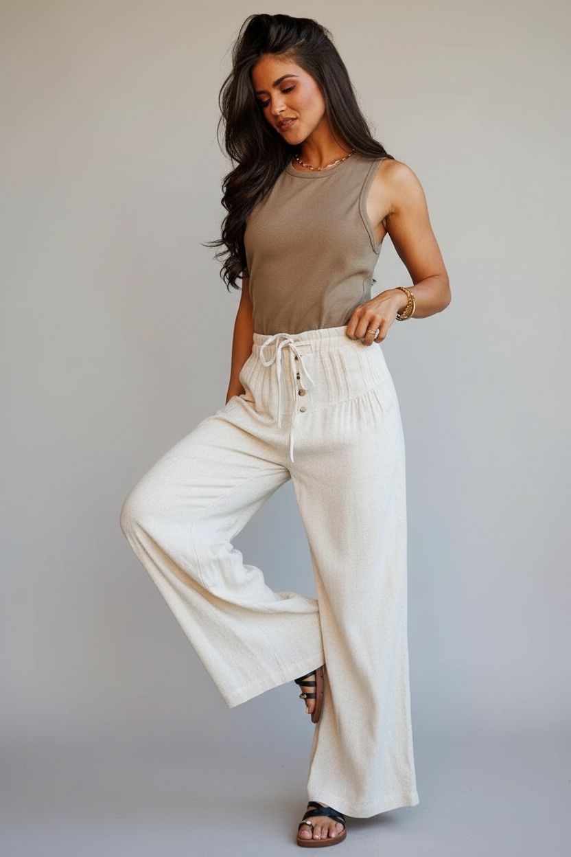 Cream Button-Front Wide-Leg Pants