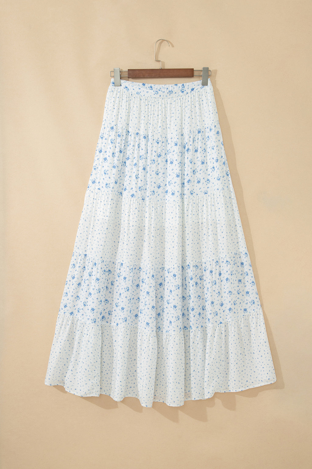 White & Blue Ditsy Floral Tiered Maxi Skirt