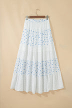 White & Blue Ditsy Floral Tiered Maxi Skirt