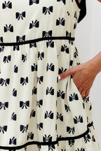 Cream Bow Print Tiered Mini Dress