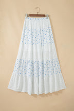 White & Blue Ditsy Floral Tiered Maxi Skirt