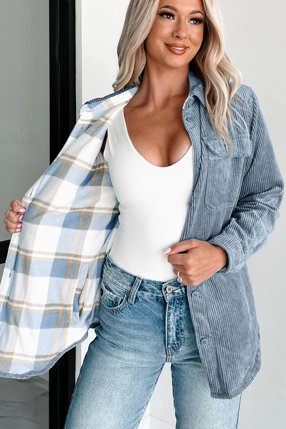 Dusty Blue Reversible Corduroy Plaid Shacket