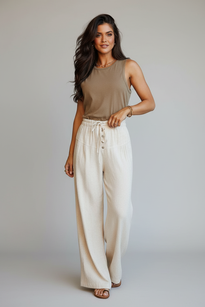 Cream Button-Front Wide-Leg Pants