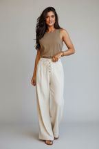 Cream Button-Front Wide-Leg Pants
