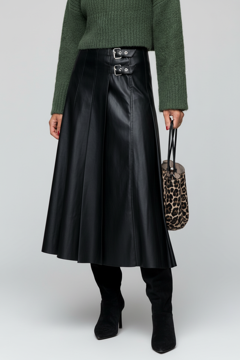 Black Double-Buckle Pleated Faux Leather Midi Skirt