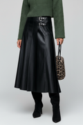 Black Double-Buckle Pleated Faux Leather Midi Skirt