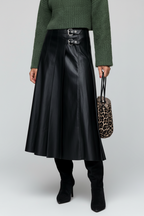 Black Double-Buckle Pleated Faux Leather Midi Skirt