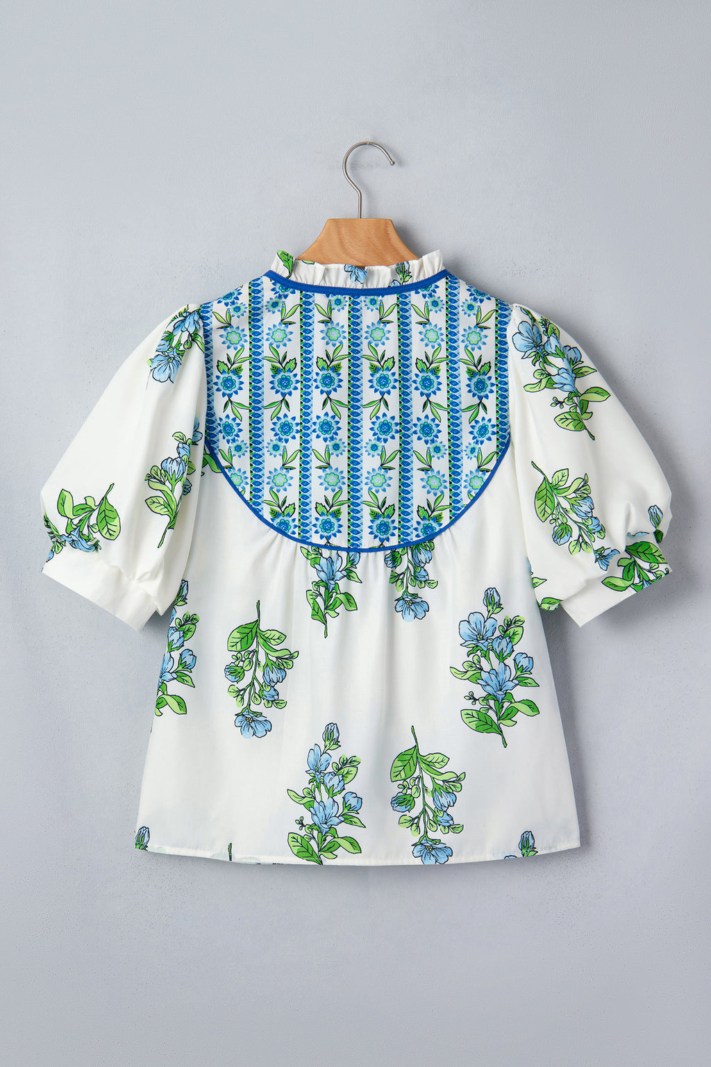 White Botanical Print Puff Sleeve Blouse
