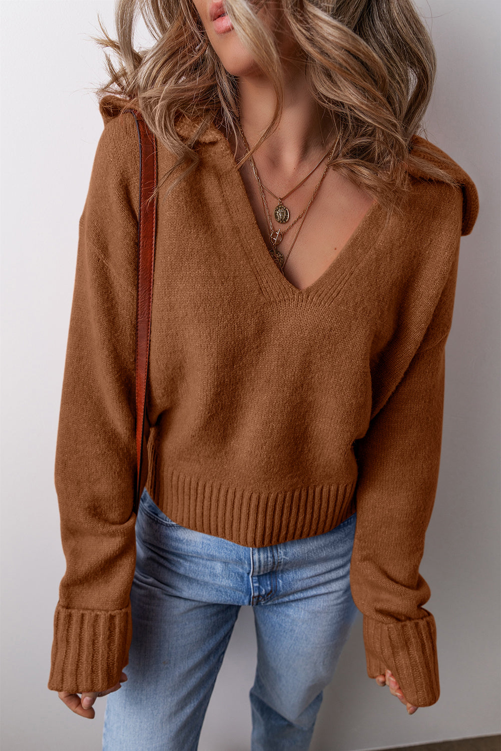 V-Neck Collared Knit Sweater