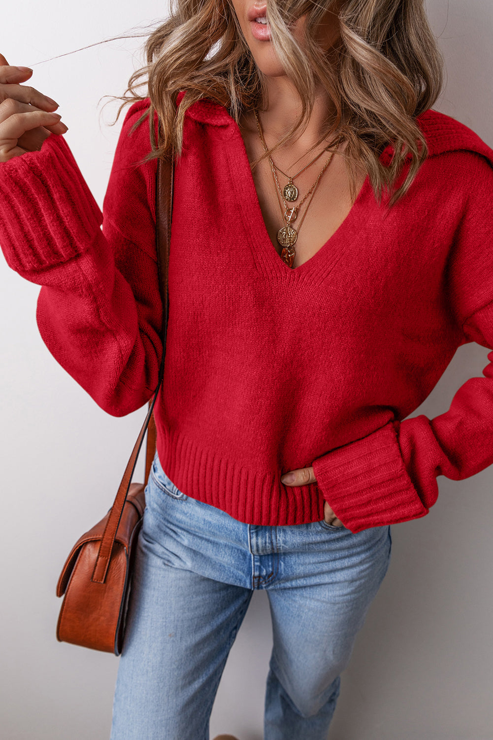 V-Neck Collared Knit Sweater