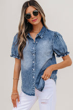 Mid Wash Puff Sleeve Denim Shirt