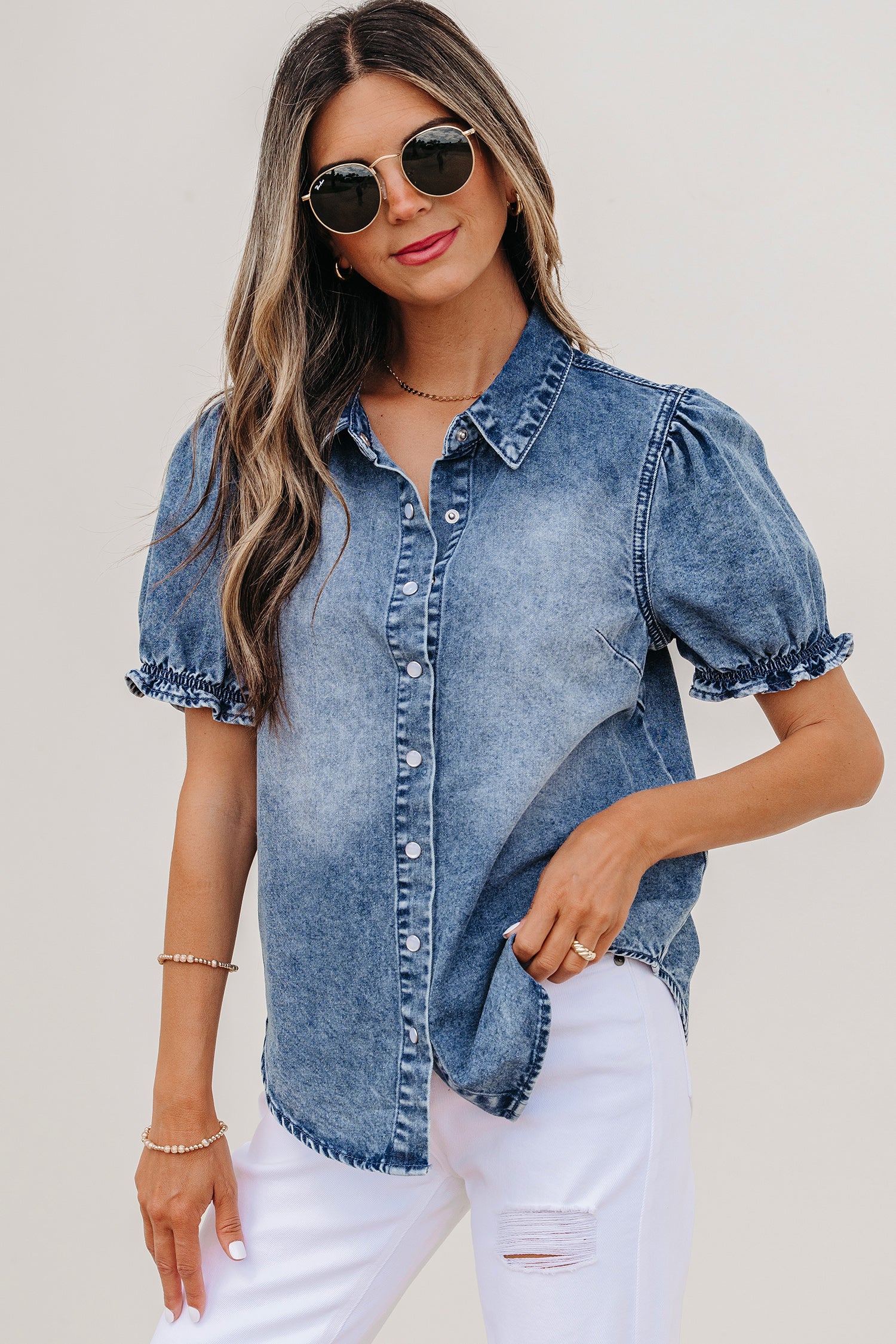 Mid Wash Puff Sleeve Denim Shirt