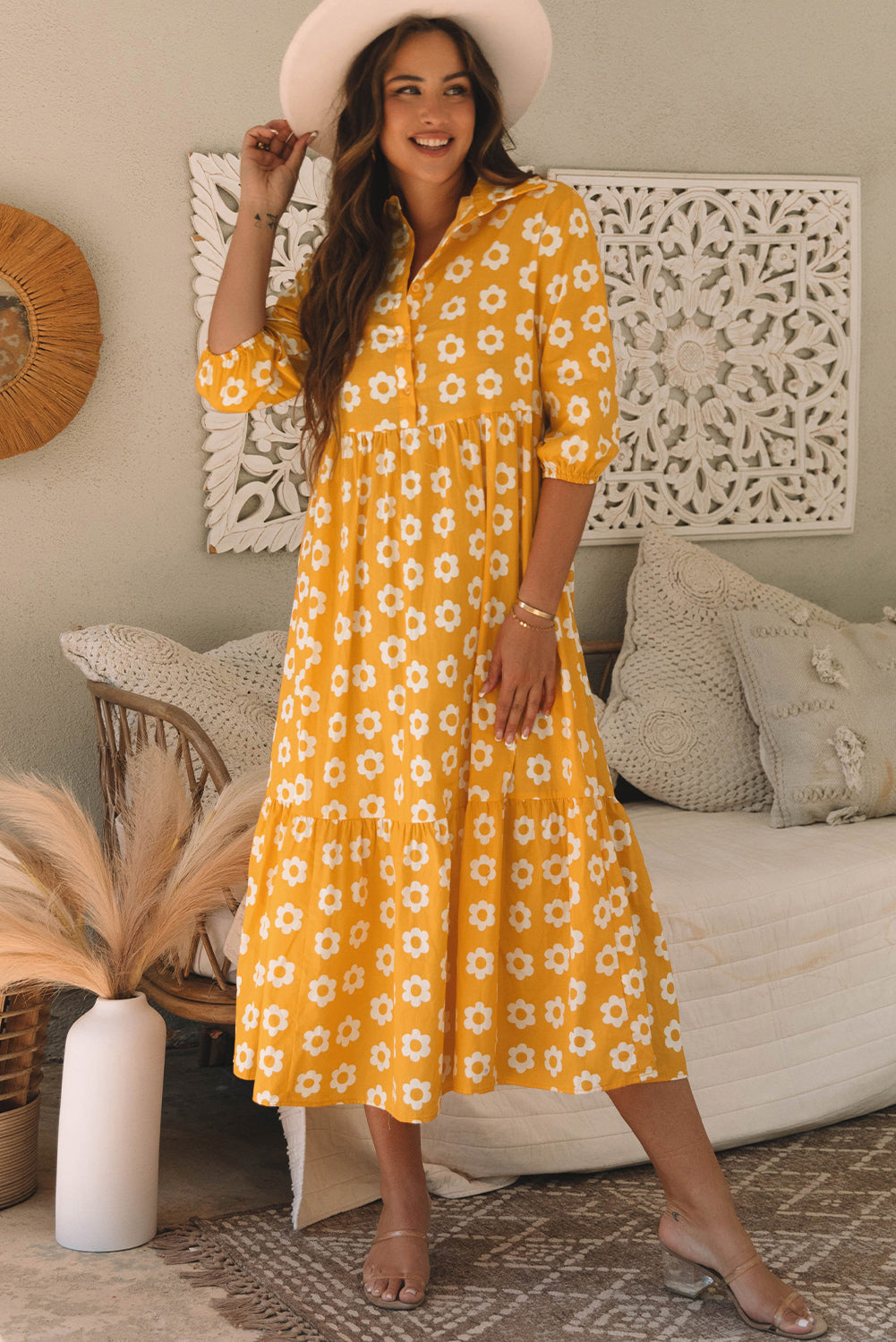 Mustard Daisy Print Tiered Midi Dress