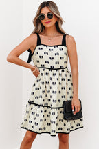 Cream Bow Print Tiered Mini Dress