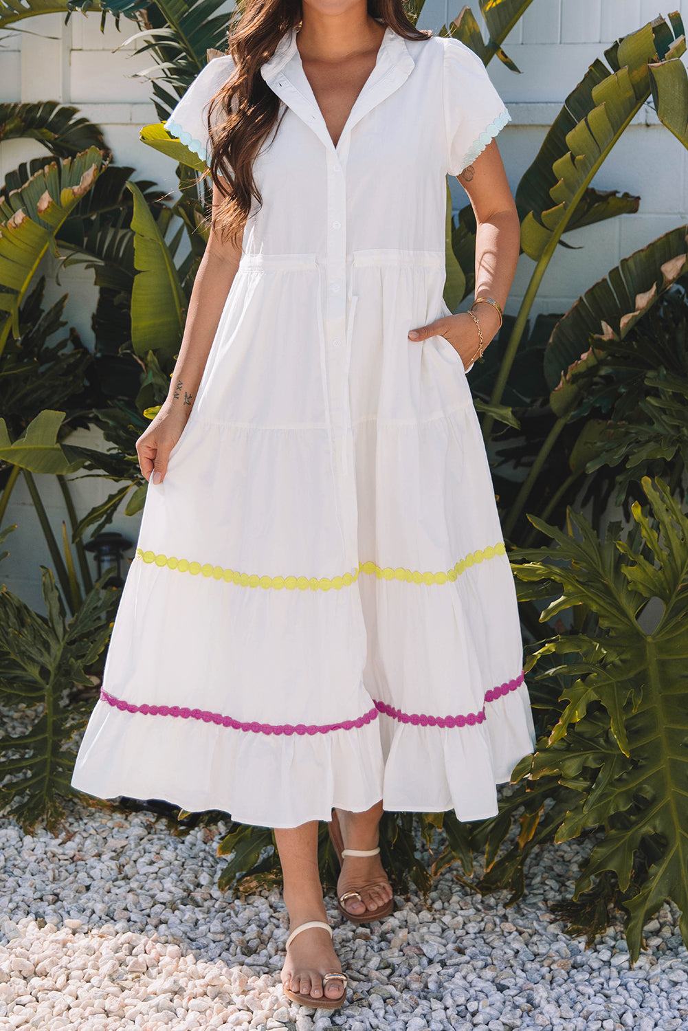 White Rickrack Trim Tiered Maxi Dress
