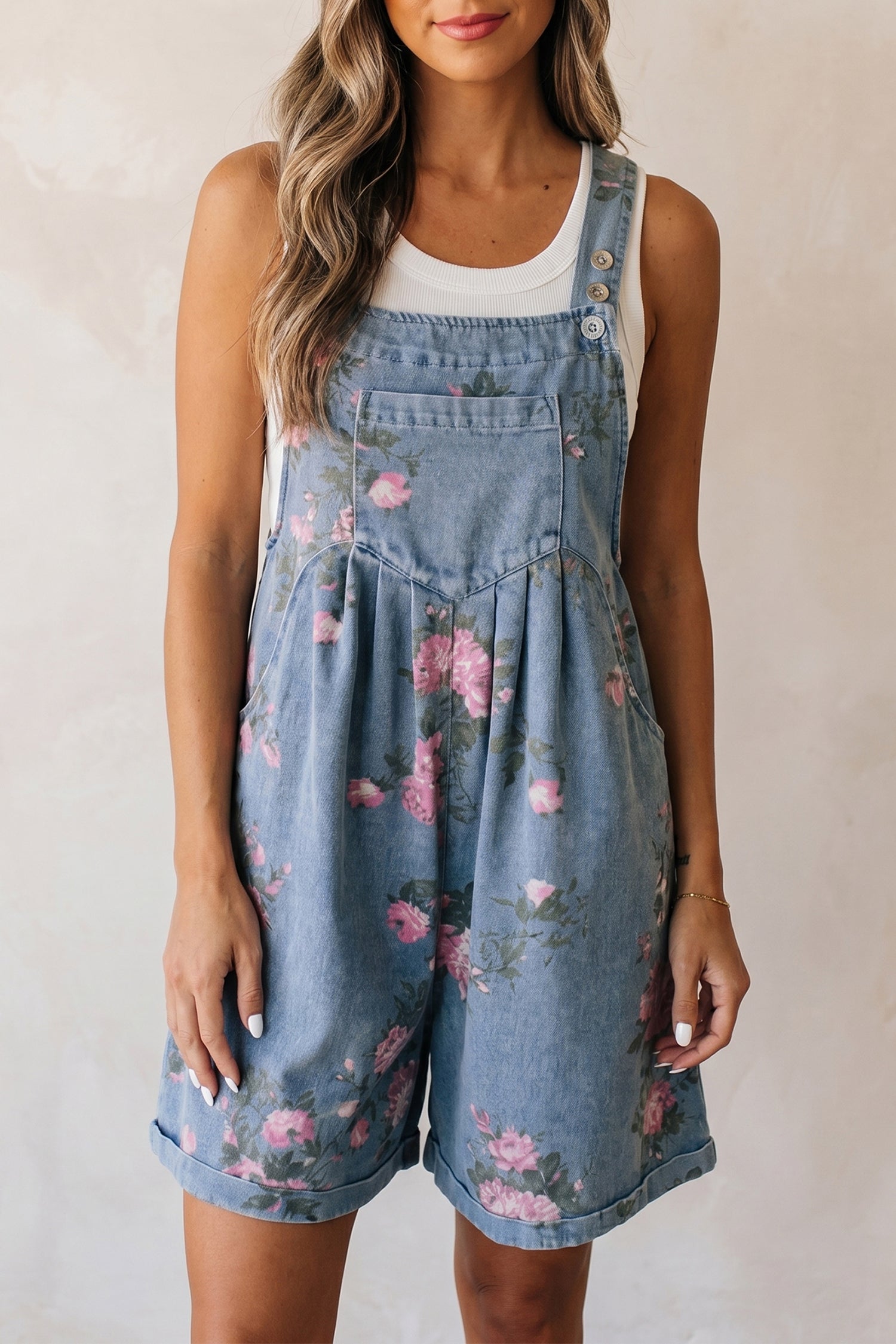 Light Wash Floral Denim Shortalls