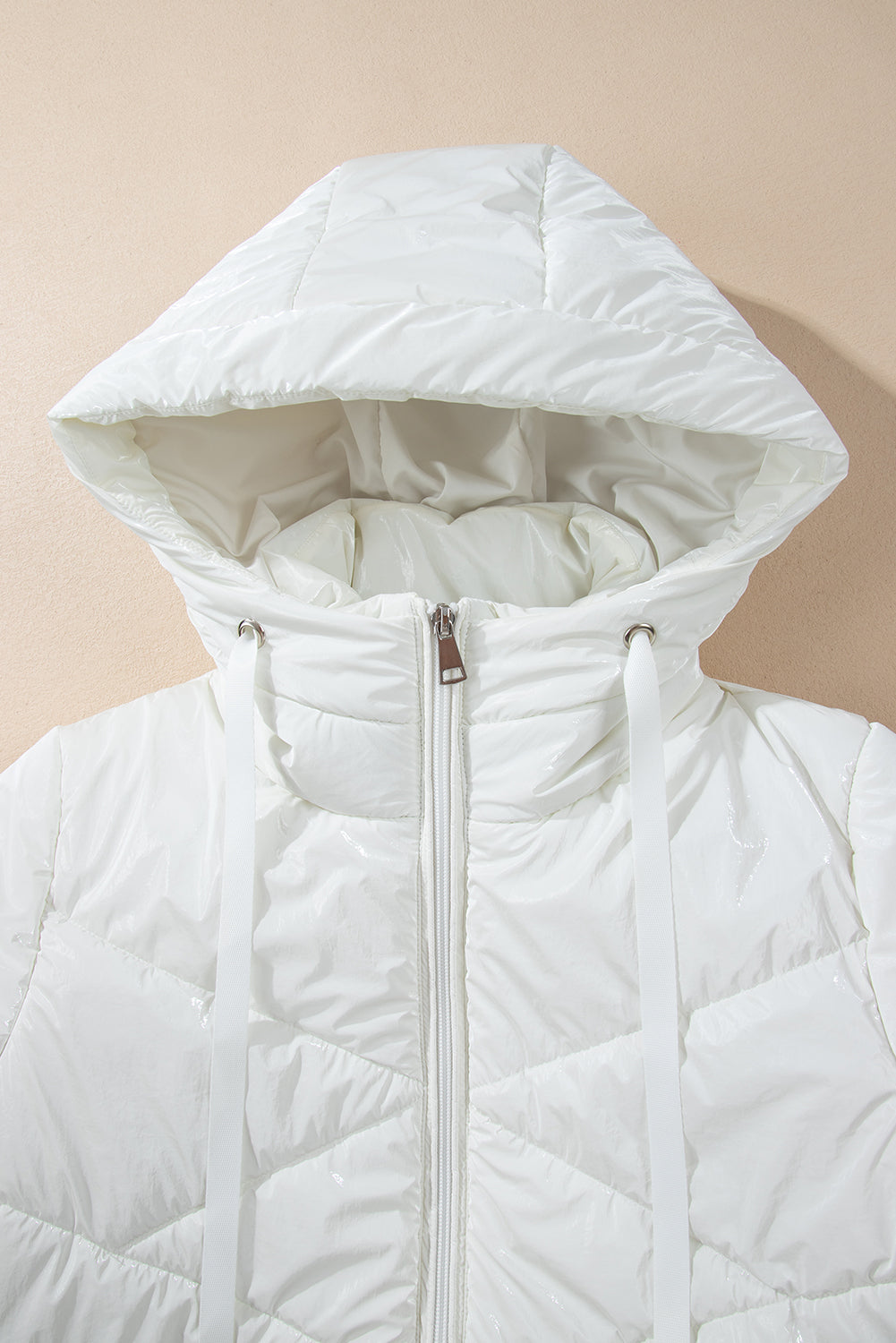 White Glossy Chevron Quilted Puffer Jacket