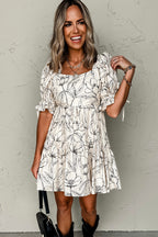 Cream Botanical Line Print Mini Dress