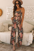 Black Peacock Print Belted Jumpsuit