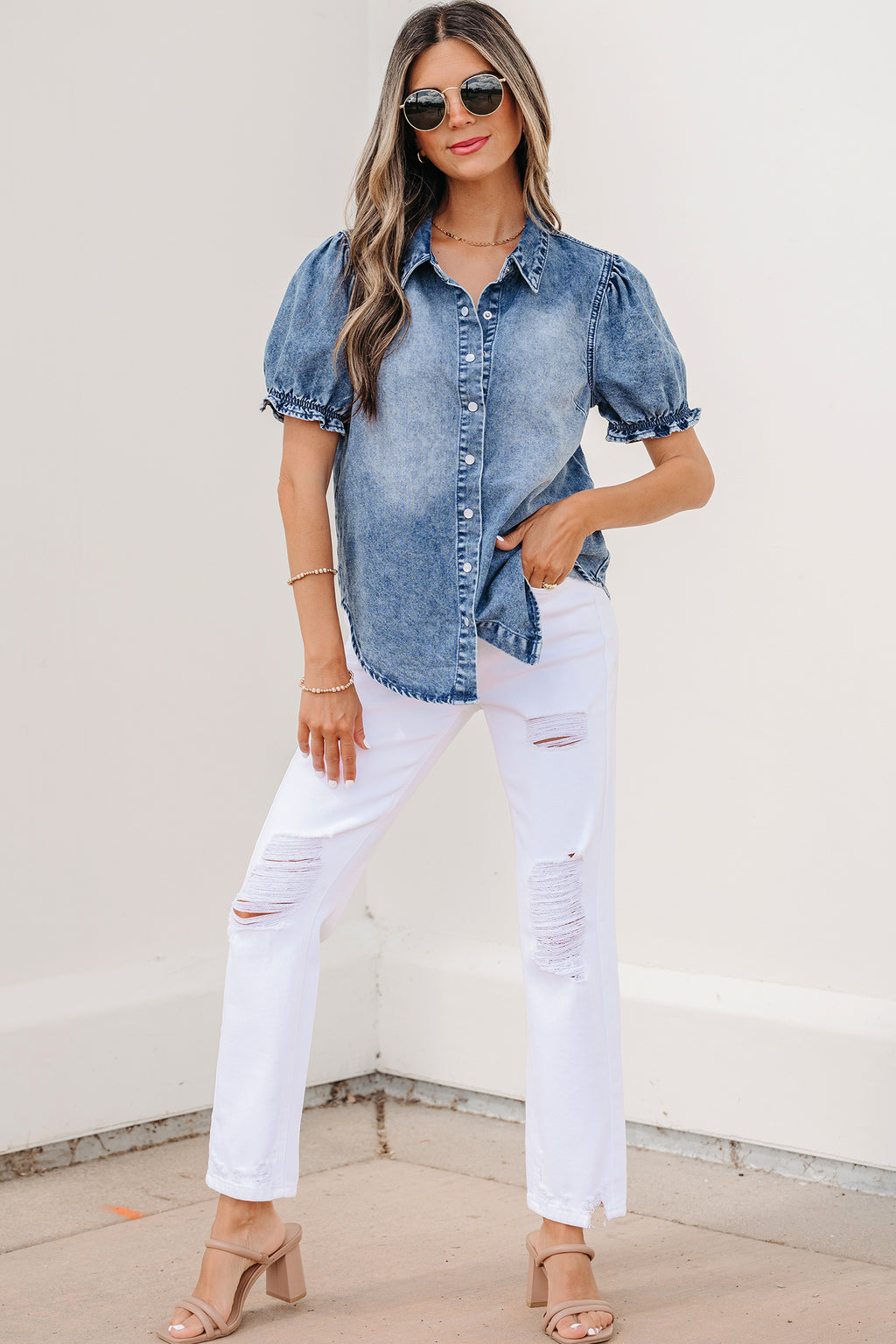 Mid Wash Puff Sleeve Denim Shirt