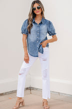 Mid Wash Puff Sleeve Denim Shirt