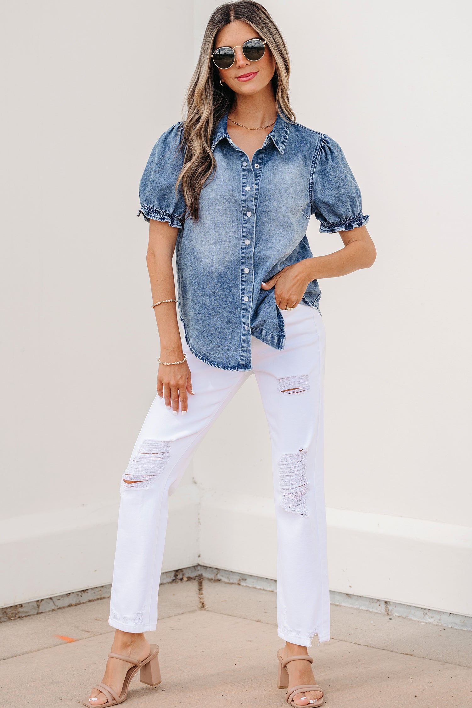Mid Wash Puff Sleeve Denim Shirt