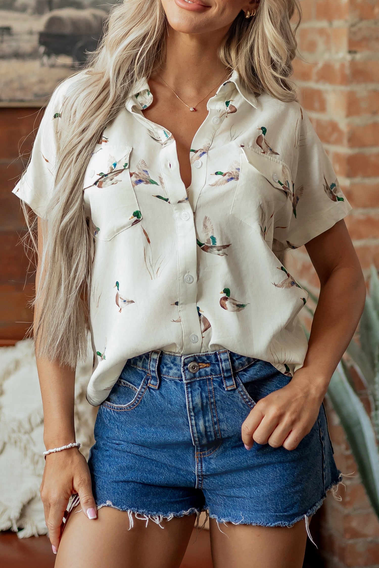 Cream Mallard Print Short Sleeve Shirt