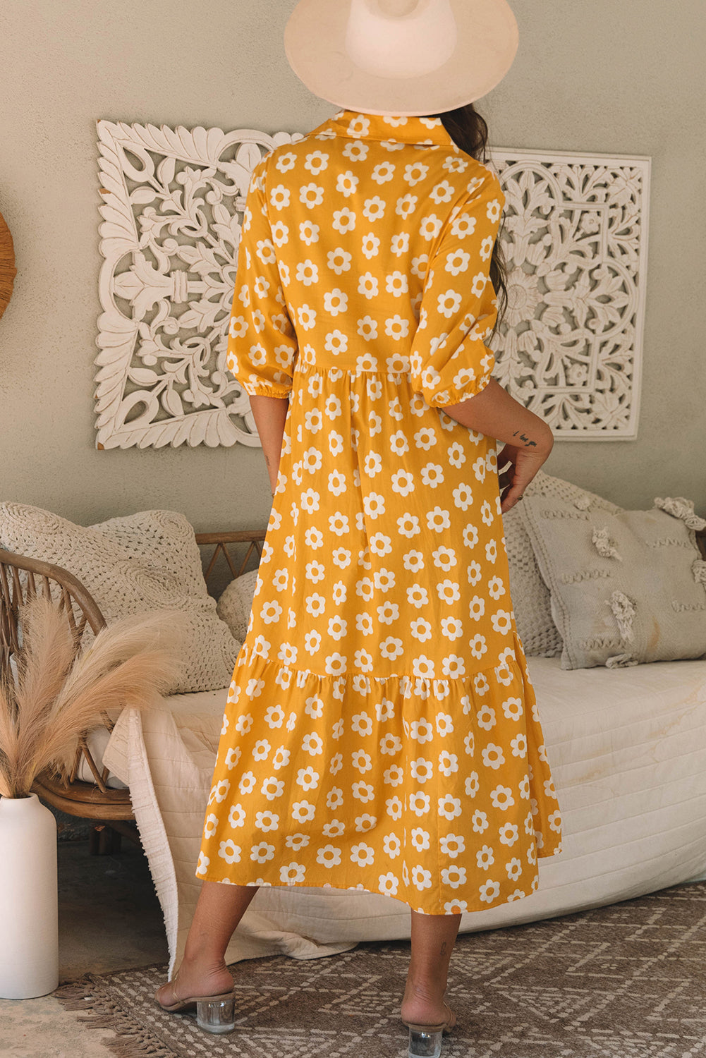 Mustard Daisy Print Tiered Midi Dress