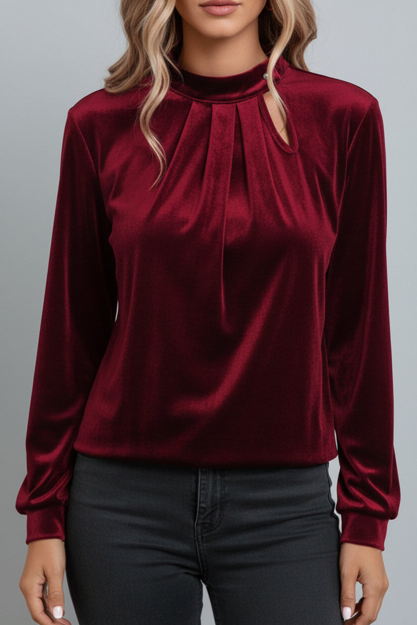 Velvet Keyhole Long Sleeve Blouse