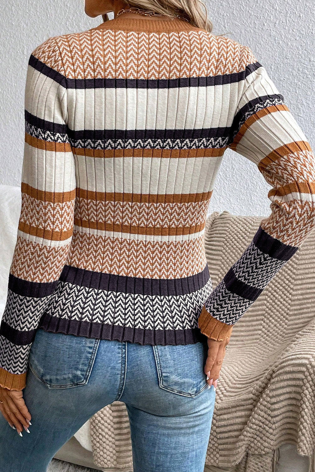 Camel Fair Isle Ribbed Knit Sweater