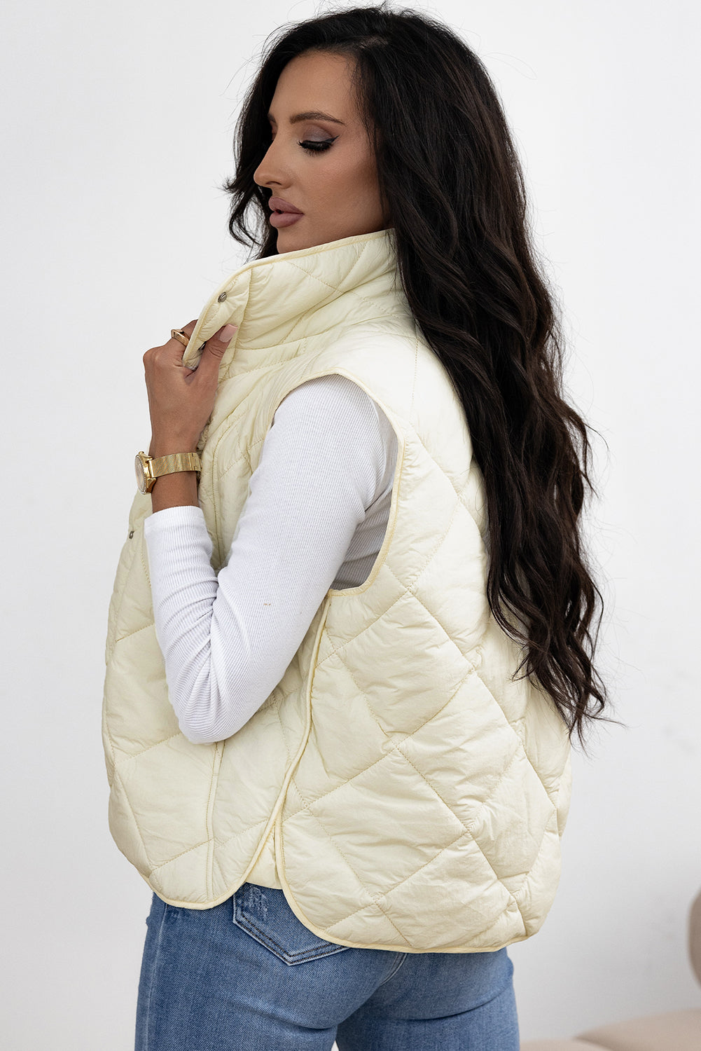 Cream Diamond Quilted Snap Vest