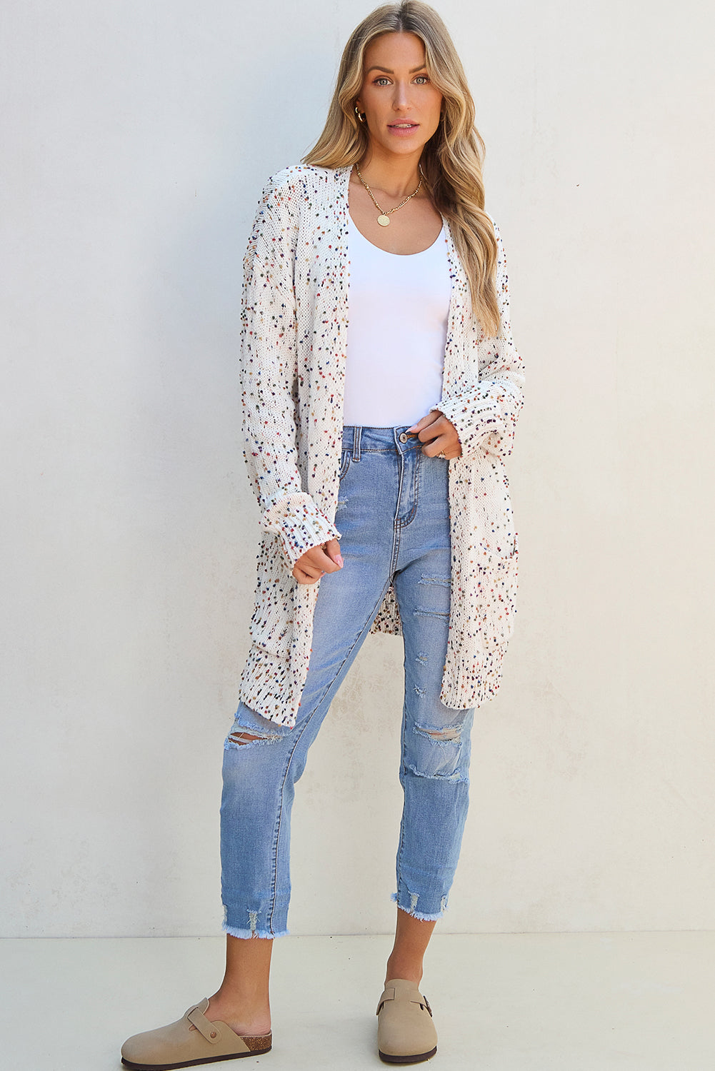 Cream Confetti Knit Open-Front Cardigan