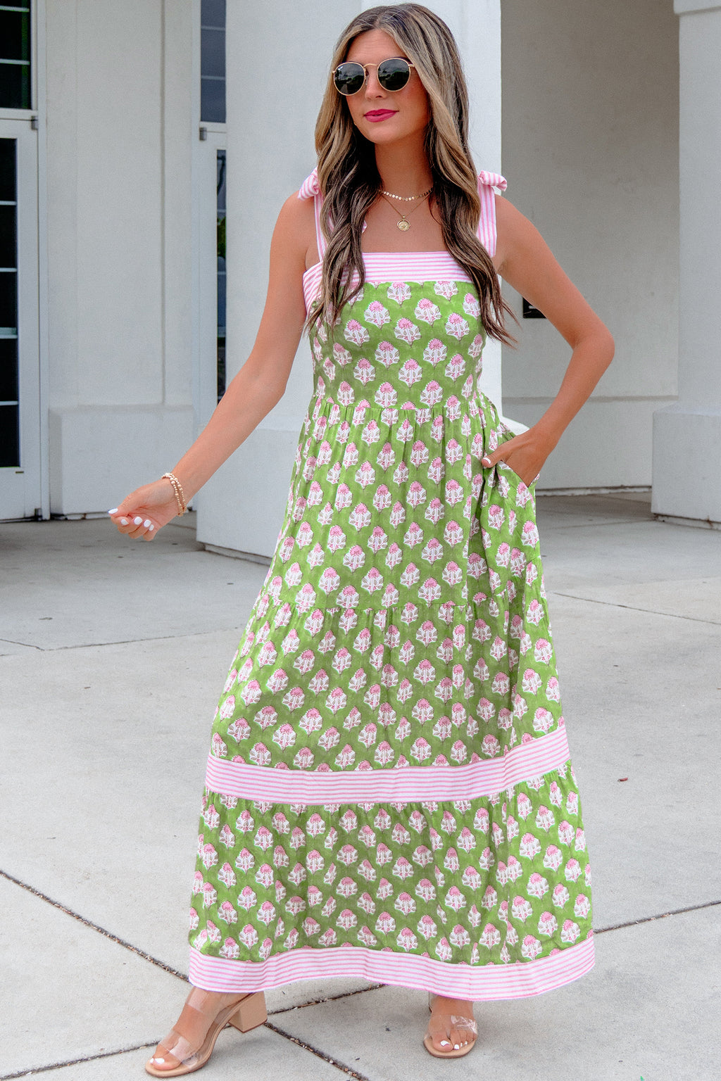 Green and Pink Block Print Maxi Dress