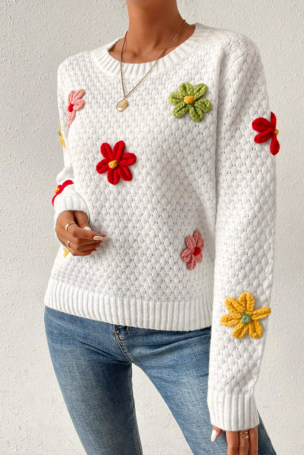 White Crochet Floral Applique Knit Sweater