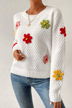 White Crochet Floral Applique Knit Sweater