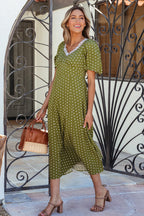 Olive Polka Dot Lace Trim Midi Dress