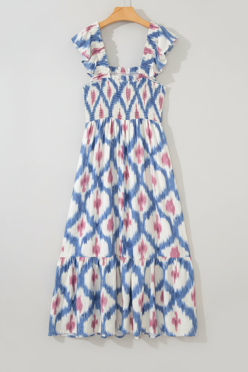 Santorini Ikat Smocked Maxi Dress