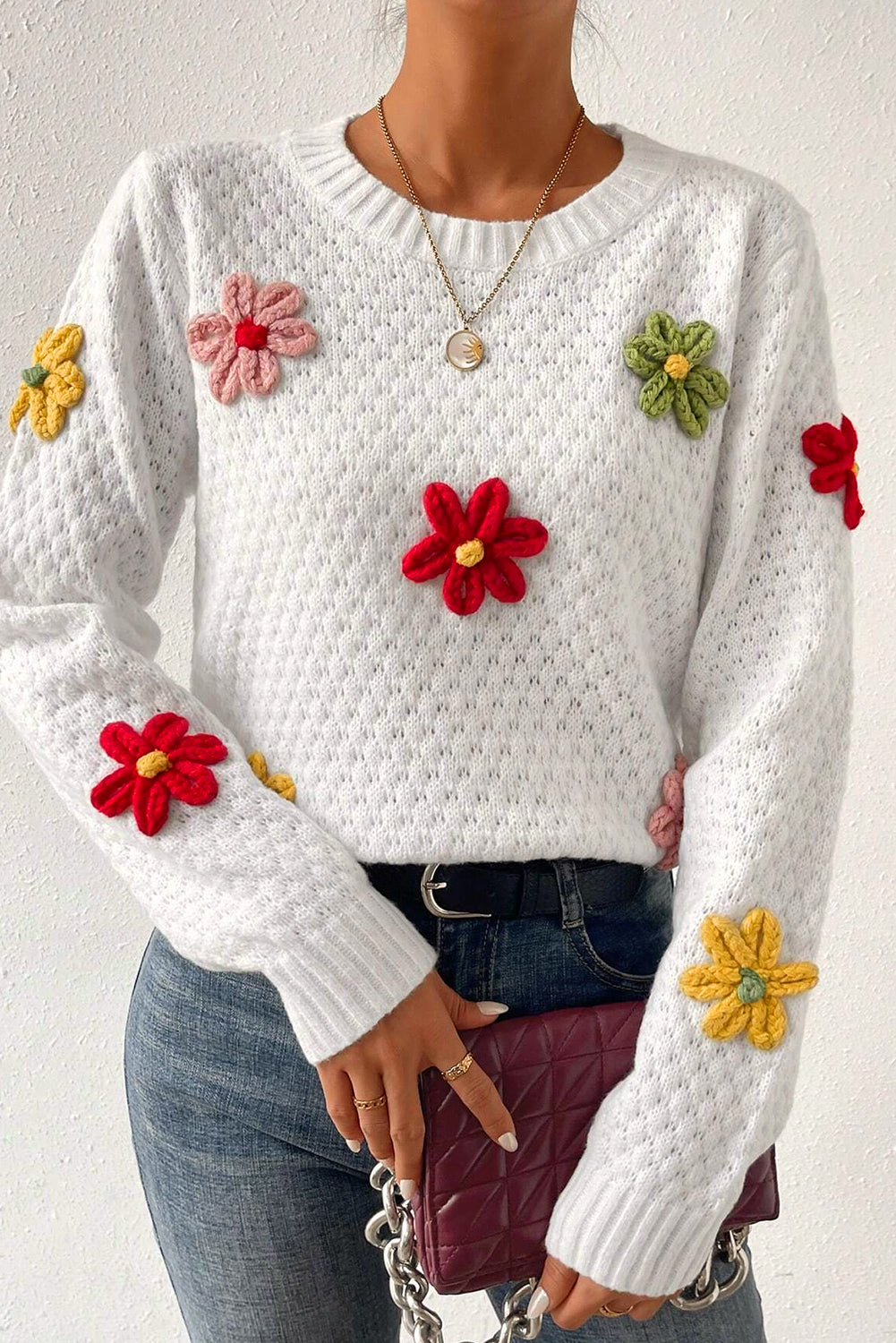White Crochet Floral Applique Knit Sweater