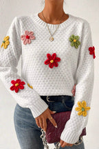 White Crochet Floral Applique Knit Sweater