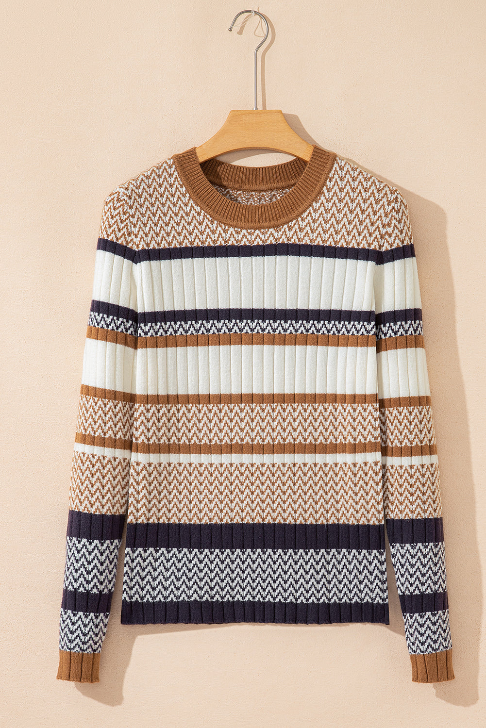 Camel Fair Isle Ribbed Knit Sweater