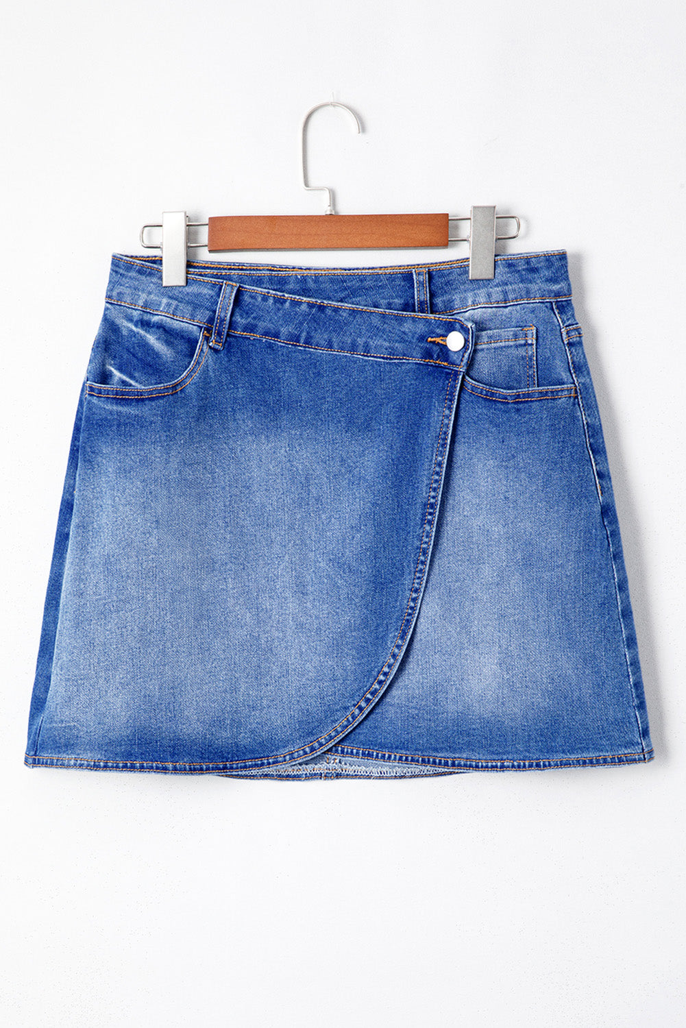 Mid Wash Asymmetric Wrap Denim Mini Skirt
